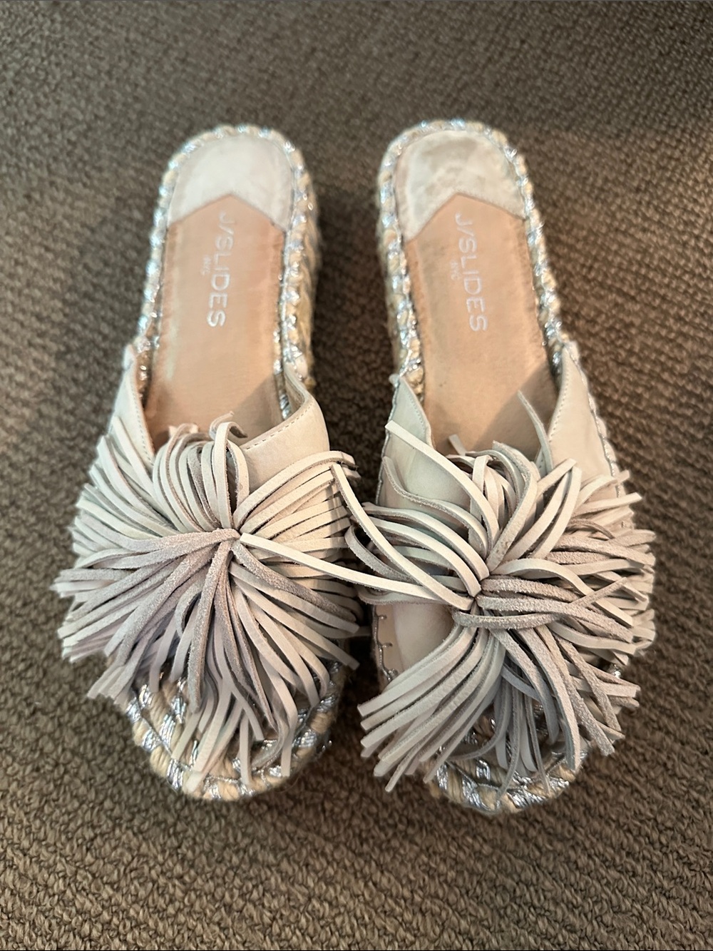 J/SLIDES Powder Cream Fringe Slide Mules